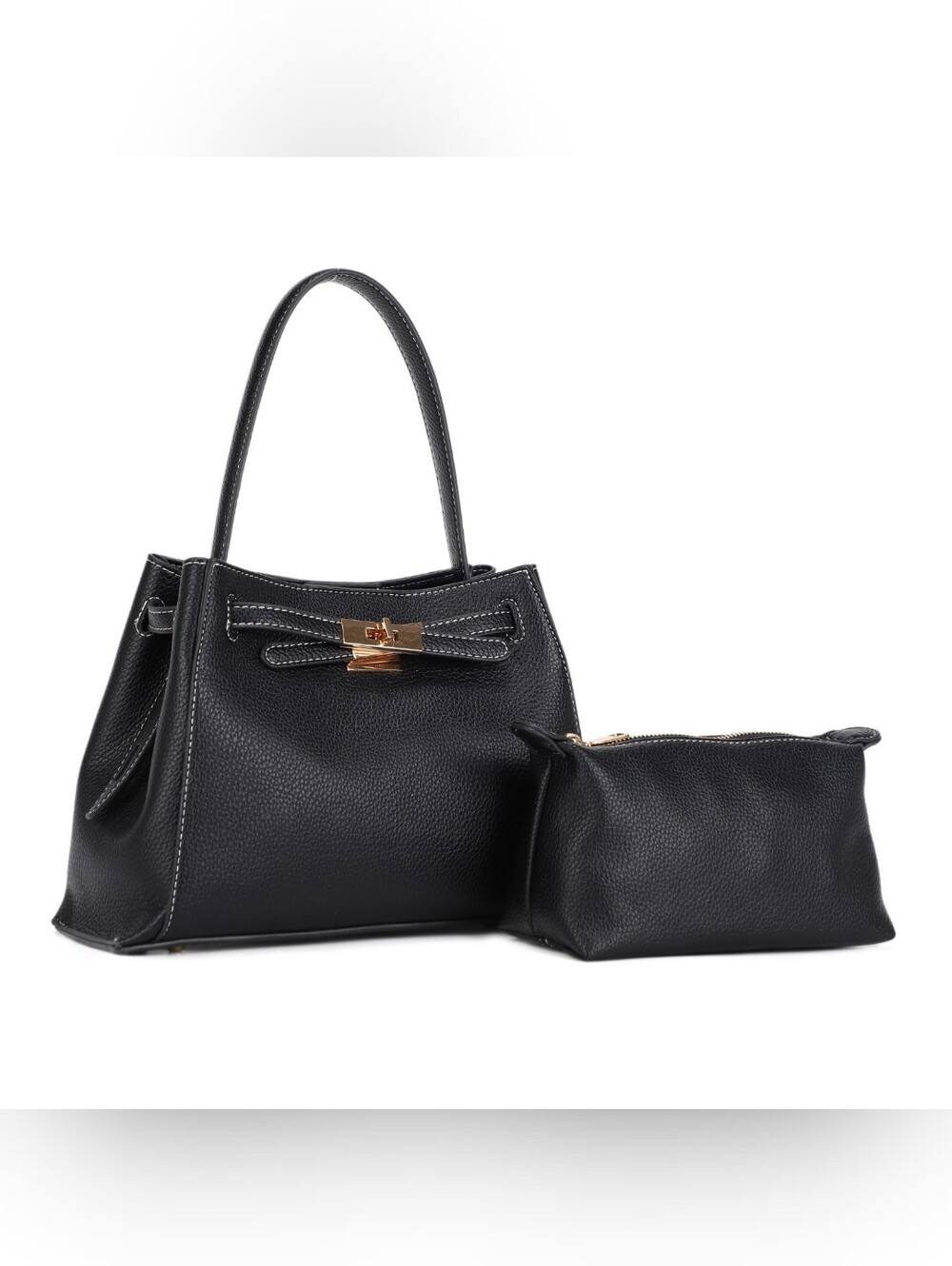 Black Structured Top-Handle Tote with Inner Pouch